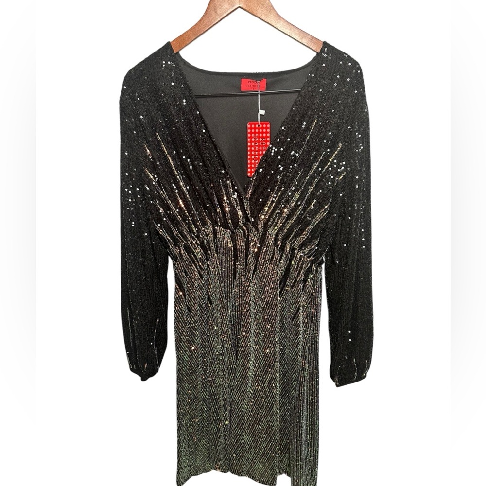 Red Dot Boutique Sequin Rainbow Mini Bodycon Black Dress L New